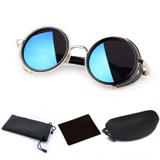 JJLHIF 50s Blue Round Sunglasses Retro Design Punk Steampunk Vintage Style Goggles Blinder Fashion Accessories Golden Frame & Reflective Lens + Portable Glasses Case - B01KHMBPHM