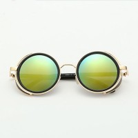 JJLHIF Men Women Golden Metal Frame & Green Mirror Lens 50s Retro Design Round Sunglasses Vintage Steampunk Goggles Blinder Glasses with Eyewear Case - B01KHIUX1A
