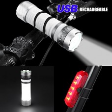 FUNSPORT Super Bright 900 Lumens USB Rechargeable Bike Light Set- Bright CREE XML-L2 LED Flashlight Camping Light with 2600mA Power Bank For emergency mobile Charging- Come with Free Magic Scarf - B074SW77DC